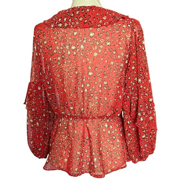 Zara RED animal print WRAP blouse V neck tie close sheer ruffle size M medium - Picture 10 of 15
